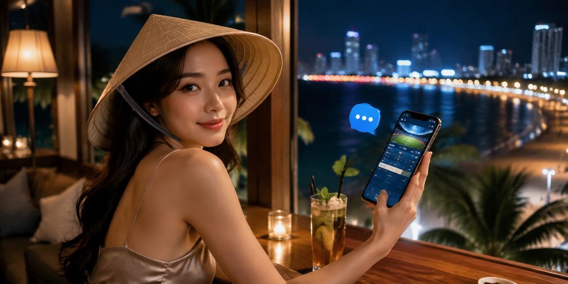 Người phụ nữ đội nón lá Nha Trang theo dõi kết quả xổ số trên điện thoại